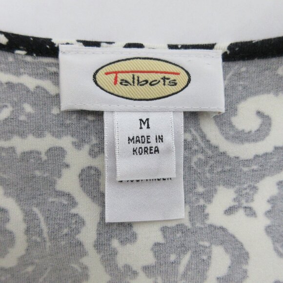 TALBOTS Top Size Medium Black White Paisley Pullover Scoop Neck ¾ Sleeve Stretch - Picture 3 of 6